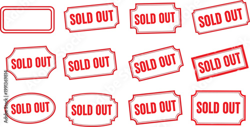 Collection of red sold out rubber stamp vectors with decorative frames and grunge textures for retail marketing and e-commerce