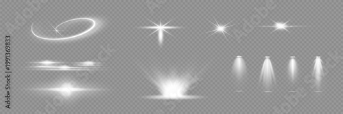 Various light effects on a transparent background. They have the form of symmetrical rays, reminiscent of twinkling stars. For decorating dynamic scenes or adding movement.