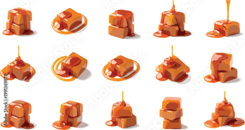 Delicious caramel candy cubes with flowing salted toffee sauce set isolated on white background for dessert menu, sweet confectionery packaging, and food advertising design.