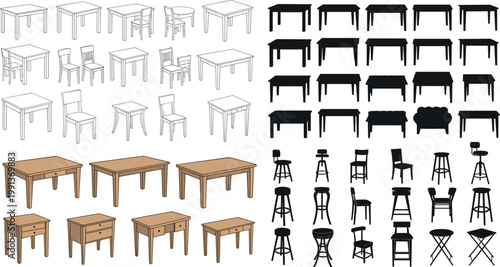 Table and chair collection with sketches, silhouettes and wooden furniture styles, interior design elements vector illustration set