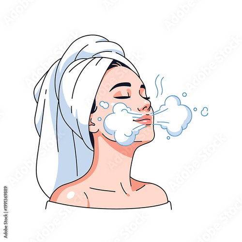 Woman with towel on head cleansing face.