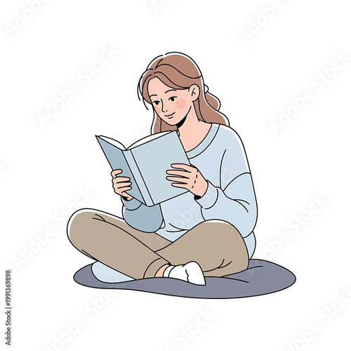 Woman sitting crosslegged reading book.