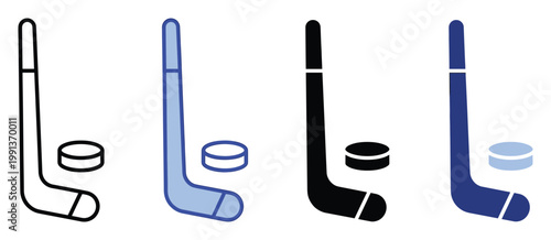 Ice hockey stick and puck vector symbols in various styles for sport game application icons and graphic assets