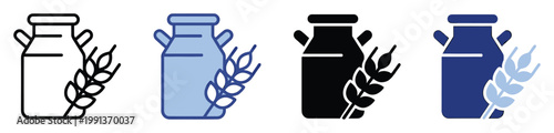 Collection of food ingredient icons featuring milk churns and wheat stalks for dairy and grain product labeling and branding