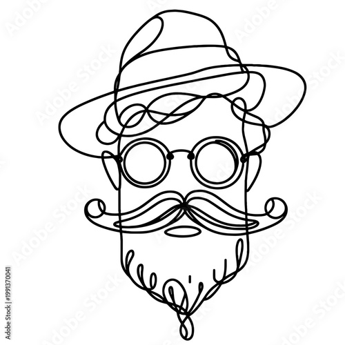 Extravagant man with a bushy moustache and hat in single line art in black for character design
