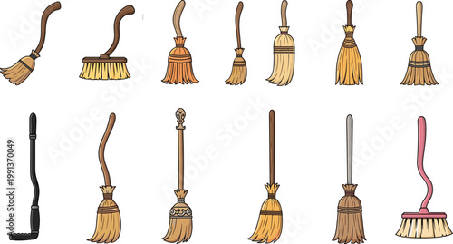 Collection of various broom icons and wooden besom vectors isolated on white background for cleaning service or magic themes