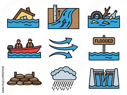 Flood Disaster Icons Set.