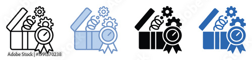 Open box icon with gears, spring, and medal, symbolizing mechanical efficiency and business rewards.