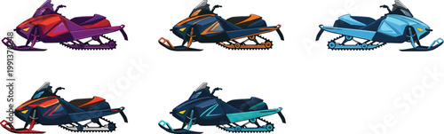 Collection of modern snowmobile vectors in various vibrant colors for winter sports outdoor recreation extreme motor vehicle activities and adventure design