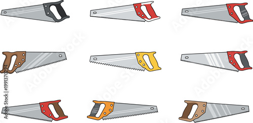 Collection of hand saw vectors with colorful handles for carpentry woodworking home improvement and professional construction tool equipment projects