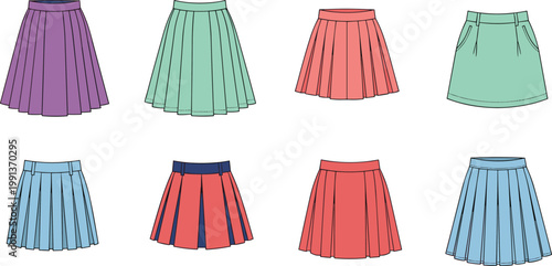 Collection of colorful pleated and a-line skirt vectors for fashion design flat sketches apparel retail and clothing mockups