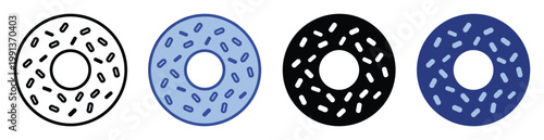 Sweet donut icon with sprinkles in outline, filled, and colored options for bakery menus and confectionery branding.