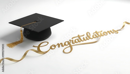 Graduation cap and golden congratulations ribbon on white background with higher education