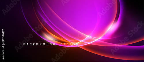 Abstract background features vibrant curves, gradients. Purple, orange hues dominate dark space. Modern design element.