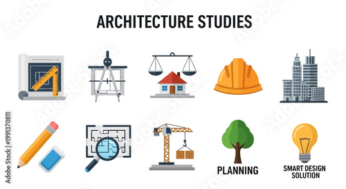 Architecture design planning and construction icons.