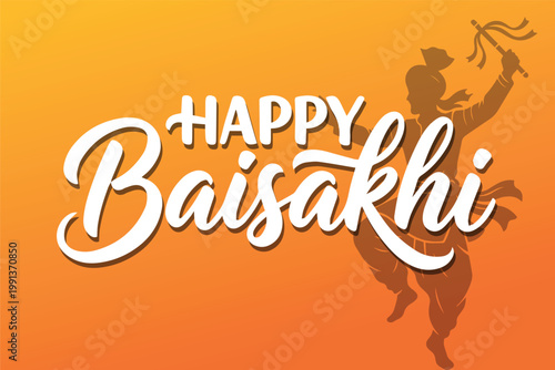 Happy Baisakhi Vaisakhi Celebration Greeting with Bhangra Dancer Silhouette on Orange Gradient Background