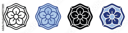 Stylized floral emblem icon set with various outlines and color fills perfect for heraldic branding and decorative graphic design projects