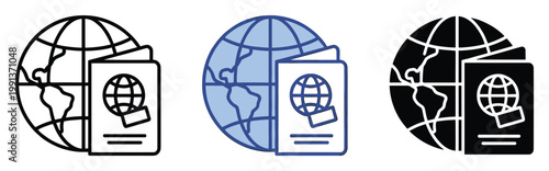 Globe and passport icon representing international travel and global mobility services for various digital and print applications