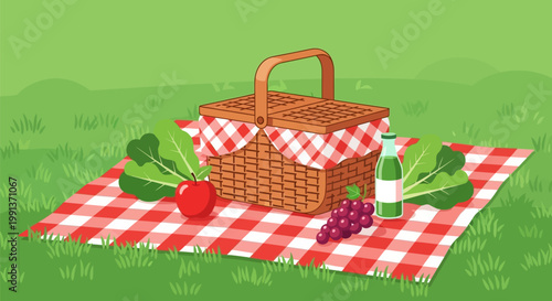 Wicker picnic basket with fresh food on a red checkered blanket.