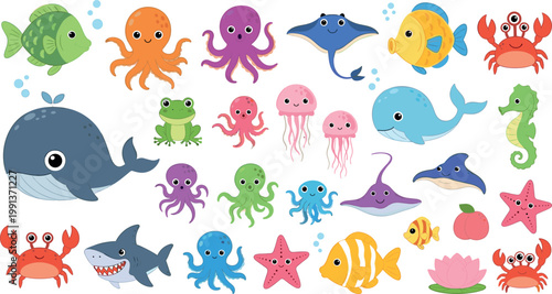 Cute Marine Animals Set Including Fish, Octopus, Crab, Whale, and More in Colorful Cartoon Style
