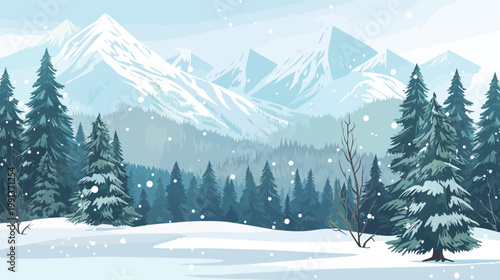 Snowy mountains evergreen forest vector illustration winter landscape nature scenery alpine pine trees cold season outdoor background modern minimalist design