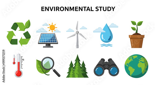 Environmental study eco friendly icons set.
