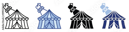 Circus tent with a spotlight icon set for entertainment event fairground branding and app user interface design