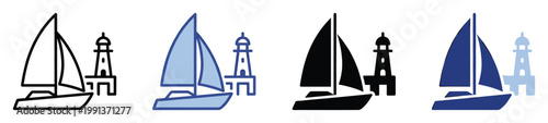Collection of nautical icons featuring sailboats and lighthouses perfect for marine themed applications and graphic projects