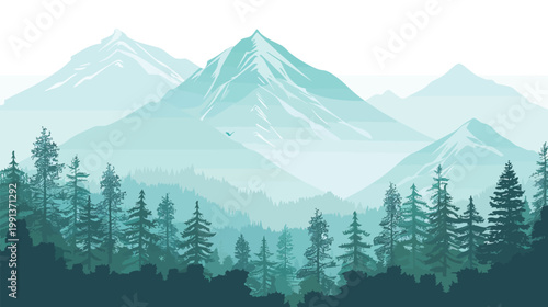 Snowy mountains evergreen forest vector illustration winter landscape nature scenery alpine pine trees cold season outdoor background modern minimalist design