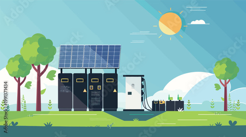 Solar inverter power box and transformer combined vector illustration renewable energy equipment system clean technology electrical component design