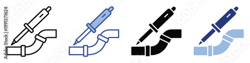 Soldering iron and pipe icon set representing plumbing repair and construction work for technical service applications
