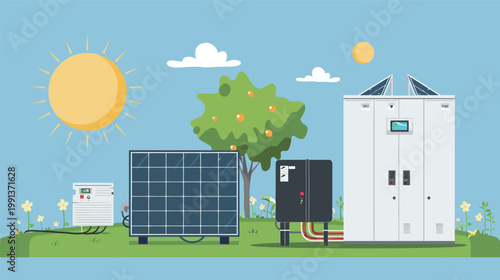 Solar inverter power box and transformer combined vector illustration renewable energy equipment system clean technology electrical component design