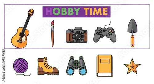 Hobby Time Leisure Activities Icons Set.