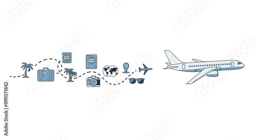 Airplane and travel icons with dotted line route.