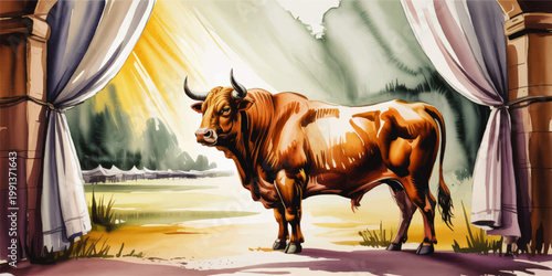 Majestic brown and white bull standing between draped curtains in sunlit pastoral scene, expressive watercolor style illustration
