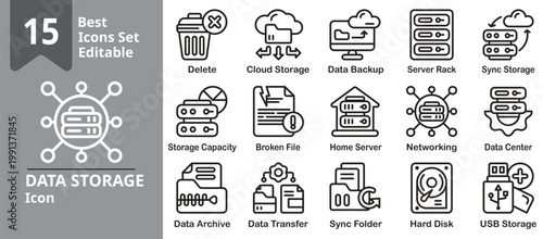 Data Storage icon set. Contains cloud storage, servers, databases, backup systems, external drives, and secure data management. Editable outline vector illustration.