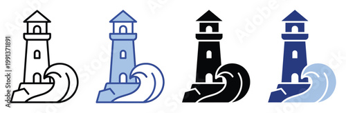 Coastal lighthouse illustration on a rocky outcrop with a large ocean wave an emblem of guidance and security for various projects