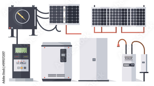 Solar inverter power box and transformer combined vector illustration renewable energy equipment system clean technology electrical component design