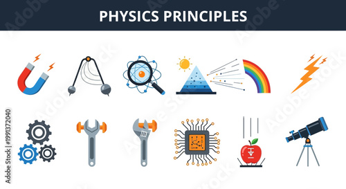 Physics principles and scientific concepts icons.