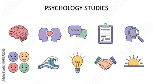 Psychology studies concept with brain icons.