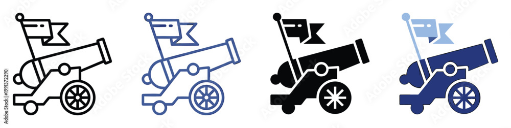 Naklejka premium Classic cannon graphic with a waving flag symbol ideal for representing historical defense and national celebration projects