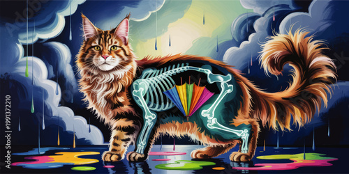 Surreal Maine Coon Cat Anatomy Illustration with Visible Skeleton and Rainbow Umbrella in Stormy Dreamlike Clouds