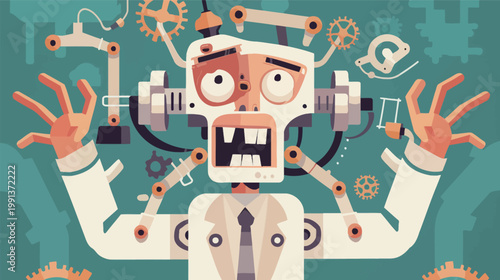 Mechanical cow head figure exaggerated on solid color background vector illustration futuristic robotic animal design bold modern concept