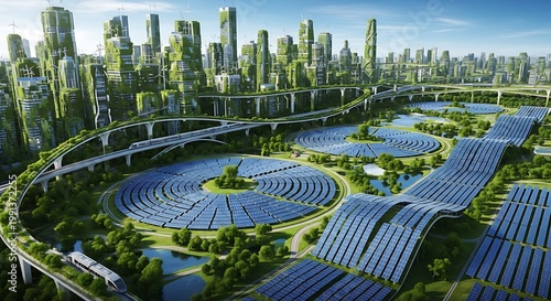 Sustainable cityscape with green buildings and solar panels for energy