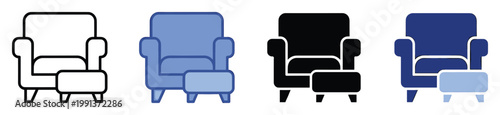Comfortable armchair and ottoman furniture icon set perfect for home decor applications and interior design projects