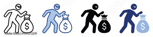 Robber running with stolen cash bag pictogram illustrating larceny and fraud for informative visual content