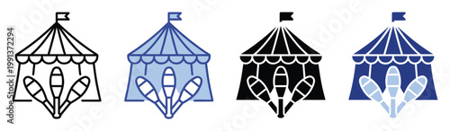 Big top circus tent and juggling clubs symbol perfect for amusement park branding, festival posters, or performance school emblems.