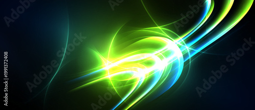 Bright abstract energy flows, vibrant green, yellow hues dominate. Dark background emphasizes luminous curves, dynamic composition.