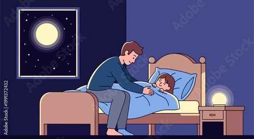 Father tucking his young child into bed at night.