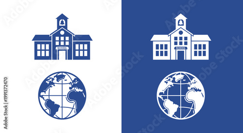 School Building and World Globe Icon for Global Education
